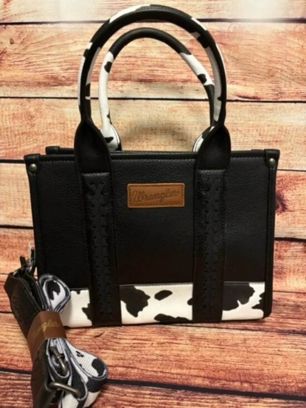 Wrangler Cow Print Cowhide Print Western Satchel Tote Crossbody Bag, NWT
